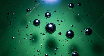 Abstract Green Background with Dark Bubbles and Water Droplets
