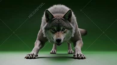 Aggressive Gray Wolf Crouching Ready to Attack on Green Background