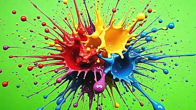 Against a pure green background, explode paint drop canvas splashes vibrantly with paint droplets Generative AI