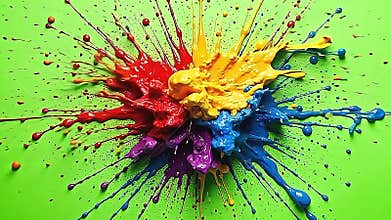 Against a pure green background, explode paint drop canvas splashes vibrantly with paint droplets Generative AI