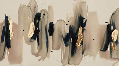 Beige and Navy Abstract Painting With Golden Accents Displayed on Canvas