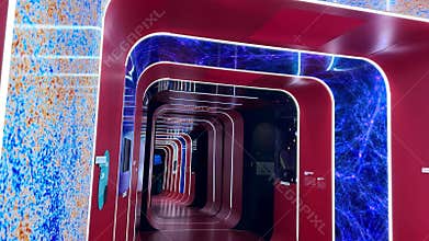 Modern exhibition at Lyon planetarium with illuminated red futuristic tunnel installation, part of a display dedicated to the