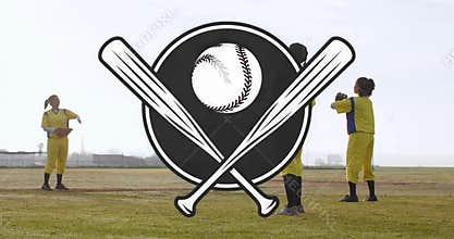 Positioning teammates in yellow tops and gloves on softball field around baseball crossed bats logo