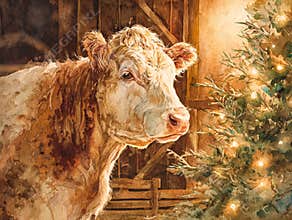 Watercolor illustration of a cow beside a beautifully decorated Christmas tree in a cozy barn