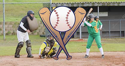 Overlaying cartoon baseball graphic with crossed bats on home plate at park showing umpire, catcher