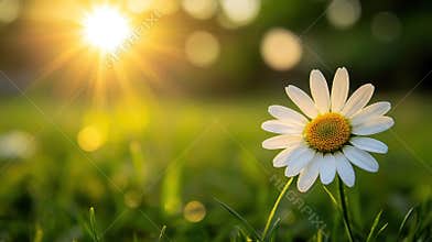 Daisy Glows in the Grass With Bright Sunlight Shining in Springtime