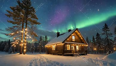 Cozy log cabin glows under the aurora borealis in a snowy winter wonderland landscape scene