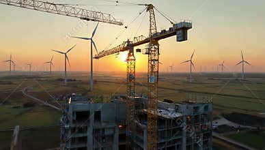 Construction site with wind turbines at sunset showcases renewable energy and development