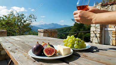 Outdoor dining with wine figs cheese and grapes overlooking a scenic mountain landscape view