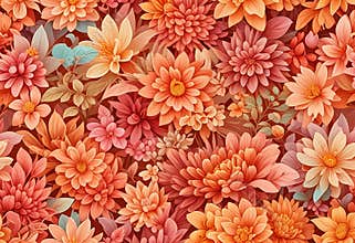 Vibrant floral pattern featuring dahlias in shades of orange and pink for textile design use