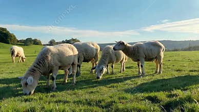 Sheep graze peacefully in a green pasture under a bright blue sky on a sunny day in the countryside