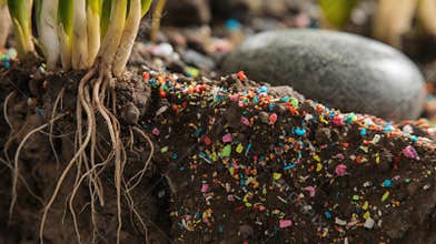 Plant Roots in Dirt Showing Microplastics Pollution on Soil