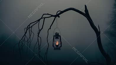 Old Lantern Hangs From Bare Tree Branch in Gloomy, Foggy Environment