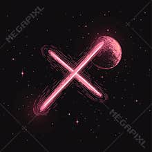 Against a dark background, a bright pink neon sign featuring two shooting stars shines brightly