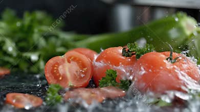 Vibrant red tomatoes and fresh green herbs receive clear water cascade. Refreshing droplets cleanse raw produce on dark kitchen
