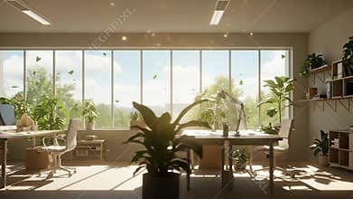 Modern office interior design plants large windows daylight airy space