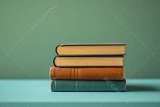 Four aged hardcover books stacked on a turquoise table against a green wall, creating a vintage and scholarly atmosphere