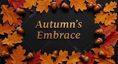 Autumns Embrace Golden Typography Framed by Fiery Maple and Oak Leaves Still Life