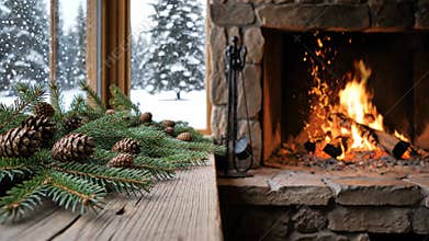 Warm interior with a stone fireplace burning brightly. Outside the window, snow is falling on a pine forest, creating a cozy
