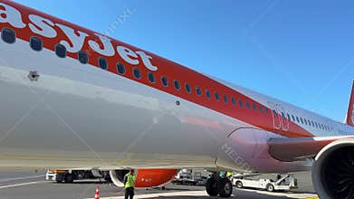 View of an Easyjet Airbus A321 boarding passengers