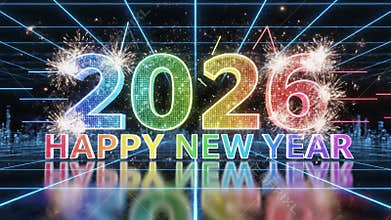 Colorful 2026 happy new year text against futuristic grid background