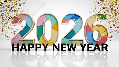 Colorful 2026 happy new year text on bright white background