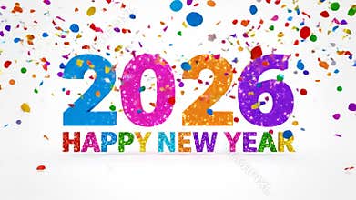 Colorful 2026 happy new year text with falling confetti celebration