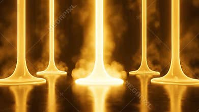 Abstract Golden Light Beams Rising from Reflective Surface with Smoke Wisps in Dark Ambiance