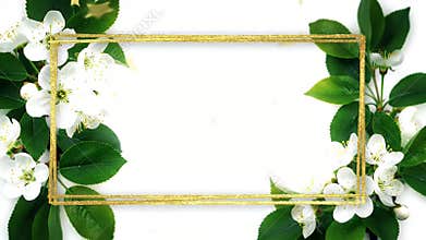 Elegant gold rectangular frame with delicate white blossoms and green foliage along edges and corners