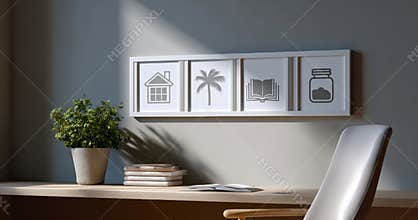 Minimalist home desk setup with potted plant, stacked books, open book, and framed wall art featuring house, palm tree, book, and