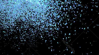Shimmering aqua and teal confetti-like particles scatter diagonally from the top-left over 3D mist. 3D, 4K.