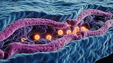 Microscopic View Of A Neuron Synapse With Orange Neurotransmitters Transmitting Signals Through A Purple Axon Wrapped In Blue