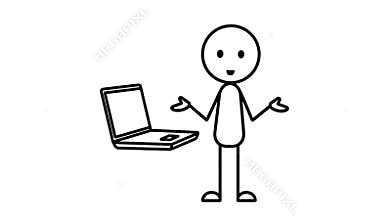 A Lively Cartoon Stickman Explains Assignment Details Using a Laptop on a White Background