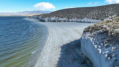 Aerial Crowley Lake Tufa Formations and Shoreline California Fly Through