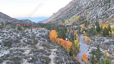 Aerial Fall Aspen Trees Mountain Road Lake Sabrina Bishop California Fly Through