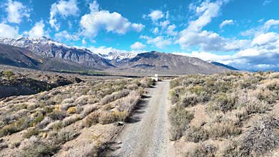 Aerial Crowley Lake Sierra Nevada Gravel Road California Fly Through