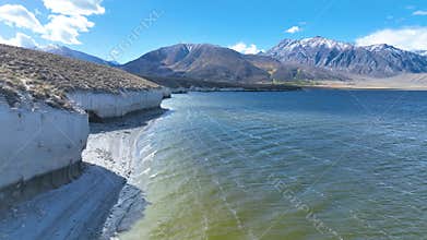 Aerial Crowley Lake Shoreline Eastern Sierra Mountains Fly Through