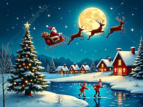 Santa Flying Sleigh Over Snowy Village with Children Ice Skating Below