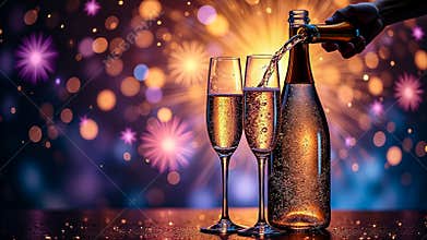 Champagne Bottle Popping with Bubbles into Flute Against Colorful Bokeh Lights