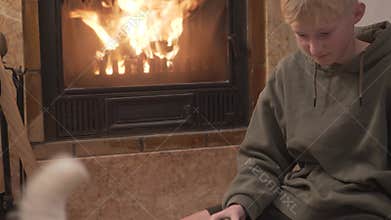 A teenage boy plays with a shank dog cavalier kings charles spaniel in the evening by a burning fireplac