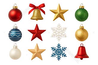 Png set of christmas ornaments with stars, bells, and snowflakes isolated on transparent background. concept of holiday decor