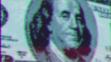 Glitch Dollar Apocalypse. Digital 100 Dollars Bill. Macro Footage of Corrupted Currency, Illuminati Pyramid. Conspiracy Theories