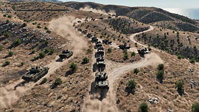Aerial view of military tanks convoy driving through dusty mountainous terrain, showcasing power