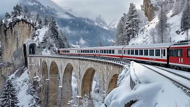 Red and white snow-capped train on arched bridge in snowy mountains AI video