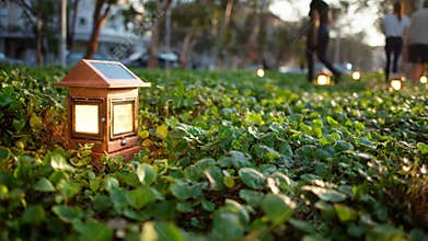 Medium shot of an ecofriendly copper monitoring unit installed in a green park highlighting sustainable design and clean