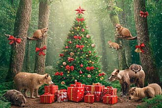 Magic of Christmas in a forest surrounded by joyful animals and gifts