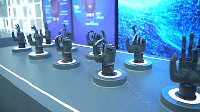 Multiple bionic prosthetic hands performing synchronized finger movements, high tech showroom display, showcasing advanced