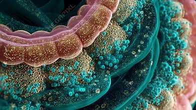 Crosssectional view of intestines showing expanding turquoise gas bubbles disrupting normal digestion and causing