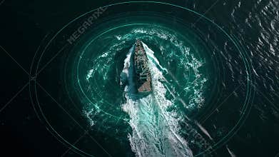 Warship leaving concentric digital trails while navigating ocean at night