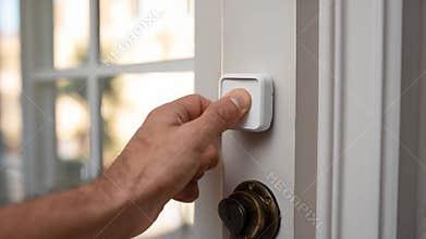 Closeup of an intruder alarm sensor being installed at a residential doorway focusing on securing the home against